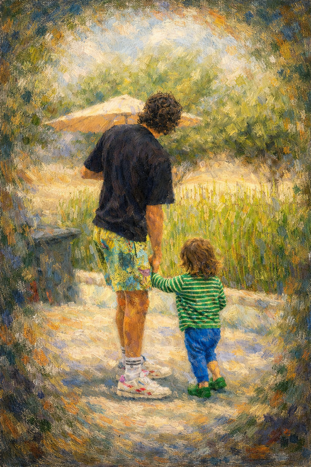 Painterly image of an adult and child walking together outdoors